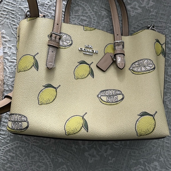 Coach Handbags - Coach Lemon Print Tote in Pale Yellow with Tan Straps